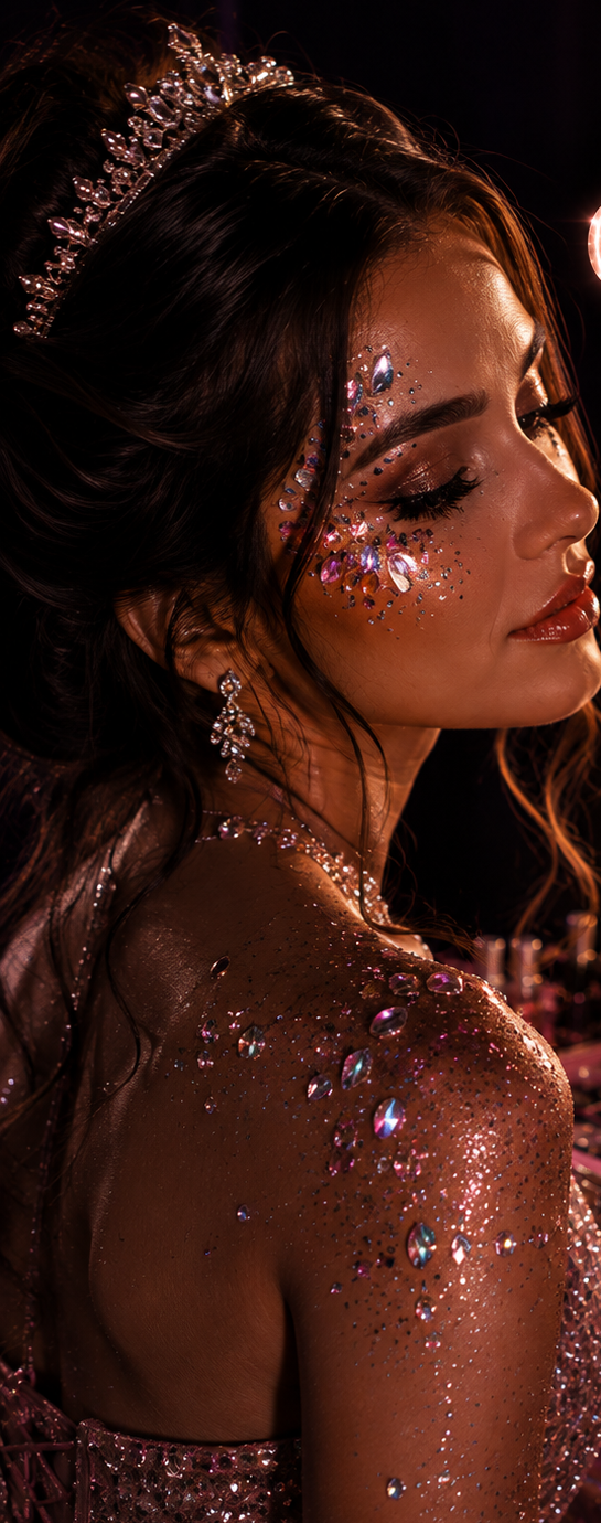 Convidada com glitter e pedrarias no camarim do Glitter Bar