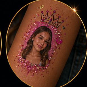 Tattoo de glitter com foto da aniversariante